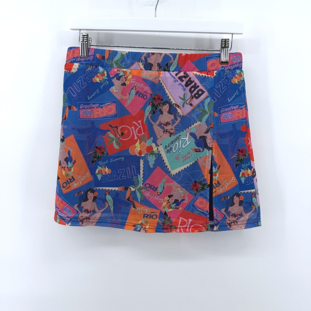Peppermayo Mesh Mini Skirt Postcard Travels Size 12 Blue Tropical Rio Brazil NEW
